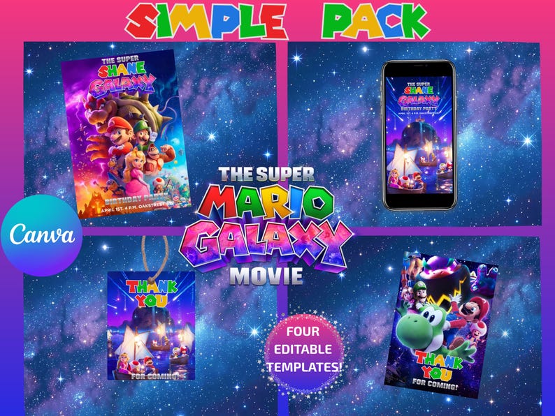 Super Mario Galaxy Birthday Party Bundle | Invites, thank you card & favor tag | Editable with Canva, digital download image 1