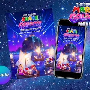 Puede incluir: Una invitaci&oacute;n digital y un tel&eacute;fono inteligente que muestra un dise&ntilde;o de fiesta de cumplea&ntilde;os con el tema "Super Mario Galaxy". La invitaci&oacute;n presenta una escena nocturna con botes, personajes y el texto "The Super Shane Galaxy Birthday Party".