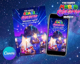 Super Mario Film Geburtstagsparty lädt ein Mario Galaxy druckbare & Handy lädt ein Bearbeitbar mit Canva, digitaler Download