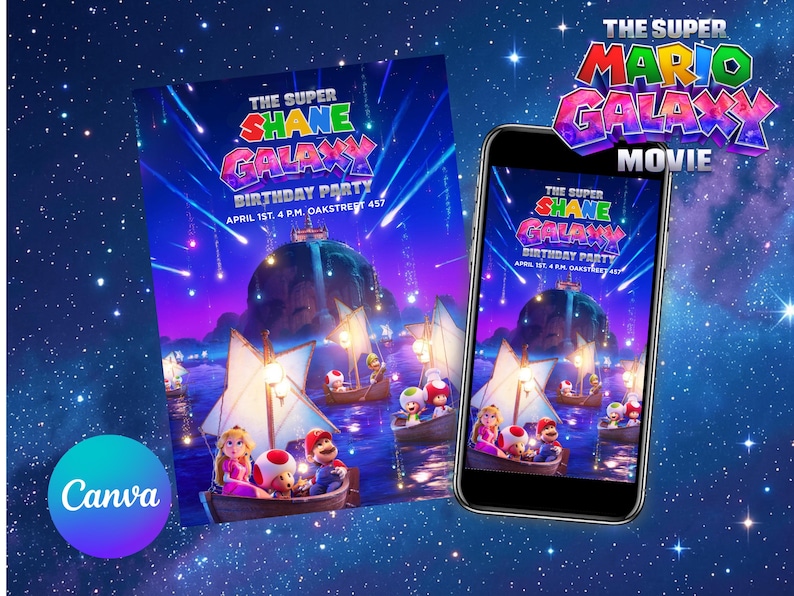 Puede incluir: Una invitaci&oacute;n digital y un tel&eacute;fono inteligente que muestra un dise&ntilde;o de fiesta de cumplea&ntilde;os con el tema "Super Mario Galaxy". La invitaci&oacute;n presenta una escena nocturna con botes, personajes y el texto "The Super Shane Galaxy Birthday Party".
