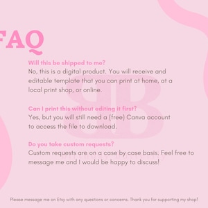Puede incluir: Una hoja de preguntas frecuentes rosa con la palabra "FAQ" en letras rosas grandes. La hoja responde preguntas sobre productos digitales, incluida la impresi&oacute;n y las solicitudes personalizadas. El fondo es rosa claro con formas rosas abstractas.