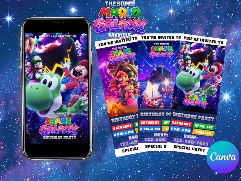 Op de afbeelding: Een smartphone toont een kleurrijke uitnodiging voor een "Super Mario Galaxy" verjaardagsfeest, met Yoshi, Mario en andere personages. Het uitnodigingsontwerp wordt herhaald op drie gedrukte kaarten, met evenementdetails en de tekst "You're Invited To". De achtergrond is een sterrenstelsel.