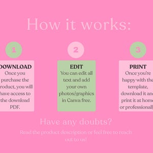 May include: Pink graphic with the text "How it works:" followed by three steps: Download, Edit, and Print. Each step is in a colored box with instructions. The image also includes the text "Have any doubts?" and "Read the product description or feel free to reach out to us!"