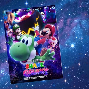 K&ouml;nnte beinhalten: Eine farbenfrohe Geburtstagseinladung mit Charakteren aus dem Videospiel Super Mario Galaxy. Die Einladung enth&auml;lt den Text "The Super Shane Galaxy Birthday Party" sowie Datum und Uhrzeit der Party.