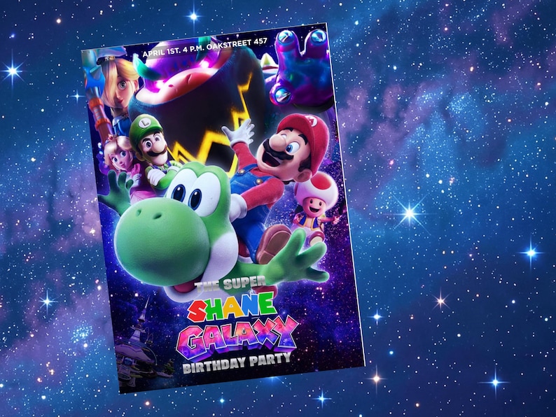 K&ouml;nnte beinhalten: Eine farbenfrohe Geburtstagseinladung mit Charakteren aus dem Videospiel Super Mario Galaxy. Die Einladung enth&auml;lt den Text "The Super Shane Galaxy Birthday Party" sowie Datum und Uhrzeit der Party.
