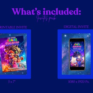 May include: A digital invitation pack with a printable invite and a digital invite. The printable invite is 5 x 7 inches and features a colorful design with the text "THE SUPER SHANE GALAXY". The digital invite is 1080 x 1920 pixels.