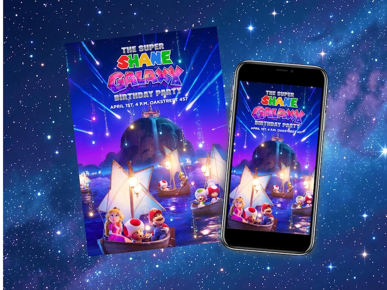Puede incluir: Una invitaci&oacute;n de cumplea&ntilde;os y un tel&eacute;fono inteligente que muestra el mismo dise&ntilde;o. La invitaci&oacute;n y la pantalla del tel&eacute;fono presentan un dise&ntilde;o vibrante y colorido con el texto "THE SUPER SHANE GALAXY BIRTHDAY PARTY". El dise&ntilde;o incluye personajes de dibujos animados en botes.