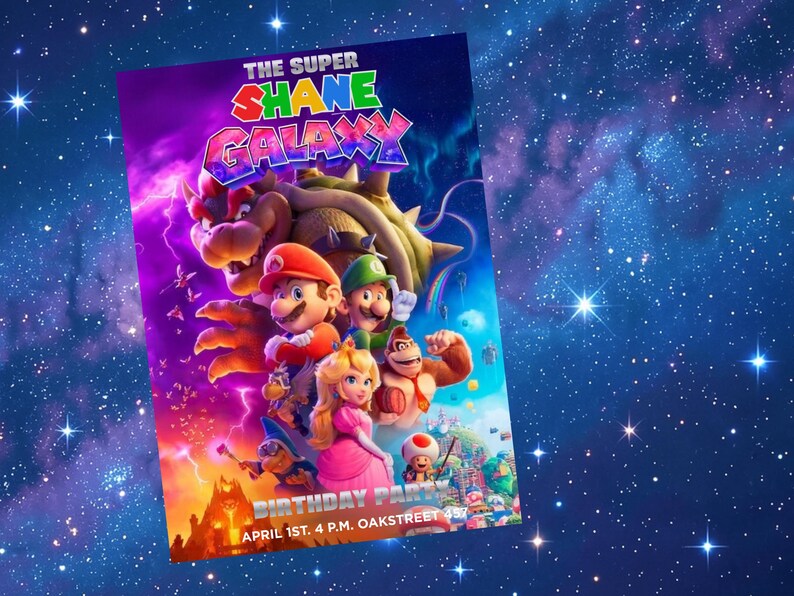 May include: A colorful birthday party invitation featuring characters from a video game. The text "THE SUPER SHANE GALAXY" is displayed in vibrant colors. The invitation includes the text "BIRTHDAY PARTY" and the date and time.