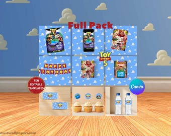 Toy Story 5 feestdecoratie VOLLEDIG VERPAKKING | 10 bewerkbare sjablonen | Toy Story 5 bedankje voor kinderverjaardag | Verjaardag Woody, Buzz en Lilypad