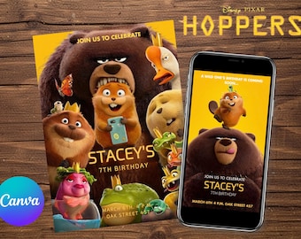 Invitación de cumpleaños de la película Hoppers / Plantilla editable de Canva (descarga digital)