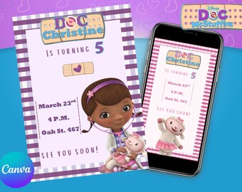 Doc Mc Stuffins Invites | Doc Mc Stuffins Birthday Party Invitations | Editable Templates for girl party | Printable and Mobile version