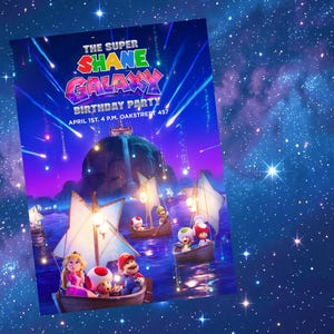 Puede incluir: Una colorida invitaci&oacute;n para una fiesta de cumplea&ntilde;os con el texto "THE SUPER SHANE GALAXY BIRTHDAY PARTY". La invitaci&oacute;n presenta una escena con barcos, personajes y un fondo de galaxia.