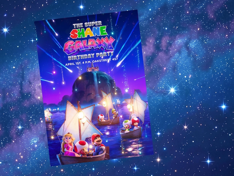 Puede incluir: Una colorida invitaci&oacute;n para una fiesta de cumplea&ntilde;os con el texto "THE SUPER SHANE GALAXY BIRTHDAY PARTY". La invitaci&oacute;n presenta una escena con barcos, personajes y un fondo de galaxia.