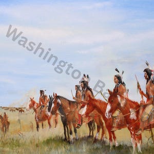 May include: An oil painting shows Native American figures on horseback, set against a grassy field and a blue sky. The riders wear traditional attire. The painting has the text "Washington Ba" in the upper left corner.