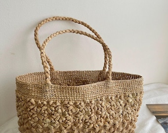 Bolso de playa de rafia tejido a mano, bolso tote de cuero estilo boho, bolso de viaje de verano