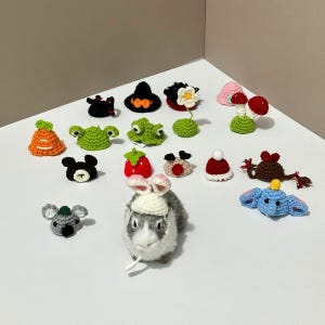May include: A collection of colorful, crocheted animal and object hats. The hats include a carrot, frog, bear, strawberry, mushroom, and a koala. A rabbit wears a crocheted hat with bunny ears. The hats are small and decorative.