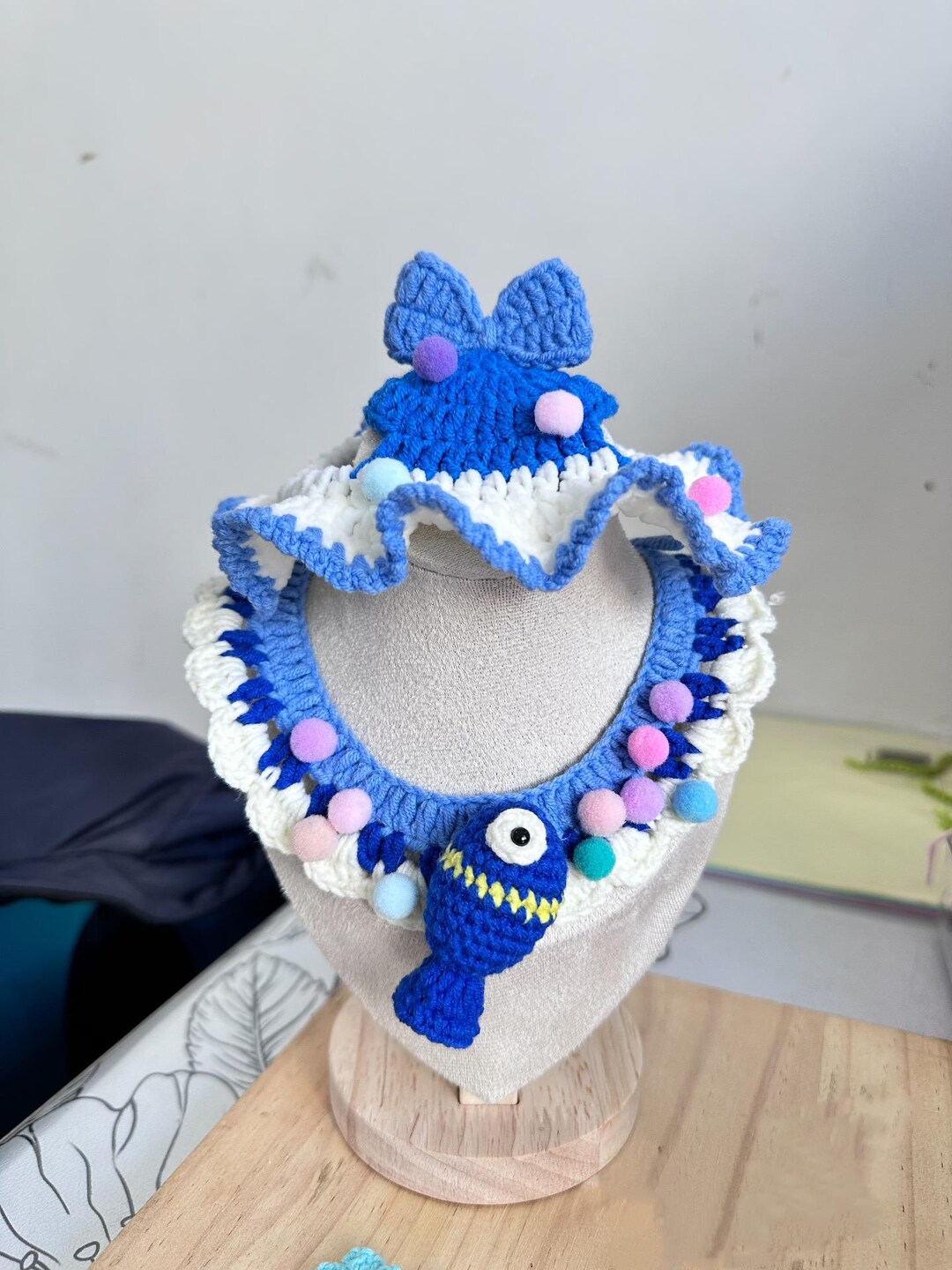 Blue Fish Crochet Cat Hat and Collar Set | Pom Pom Pet Costume ...