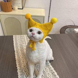 Puede incluir: Un gato blanco con un gorro amarillo tejido con dos pompones amarillos y una bufanda a juego. El gato está sentado en una mesa con un camino de mesa de encaje blanco.