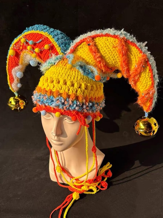 Handmade Crochet Jester Hat – Colorful Court Jester Cap with Bells, Adjustable 54-60cm