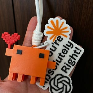 May include: An orange 3D-printed keychain featuring a pixelated heart, a square creature with black eyes, and a tag that says "You're Absolutely Right!" The keychain is attached to a white cord.