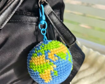 Hand Knitted Earth Keychain,Earth Hacky Sack,Globe Charm