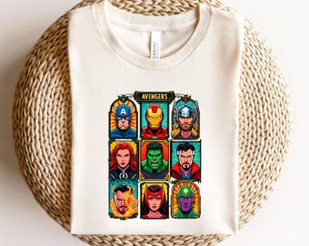 Superhéroe retro, cómic, Capitán América, Iron Man, Thor, Hulk, Viuda Negra, Doctor Strange, Bruja Escarlata, Visión, Marvel, Vengadores,