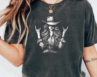 Cowgirl Rock Hand T-Shirt, Western Rocker Graphic Tee, Edgy Wild West Shirt, Retro Country Music Top, Aesthetic Cowgirl Gift