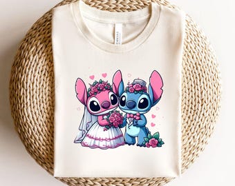 Camiseta de boda de Stitch y Angel, camisetas a juego para parejas, camiseta de regalo de San Valentín de Disney, camiseta de recién casados, camiseta de luna de miel para novios