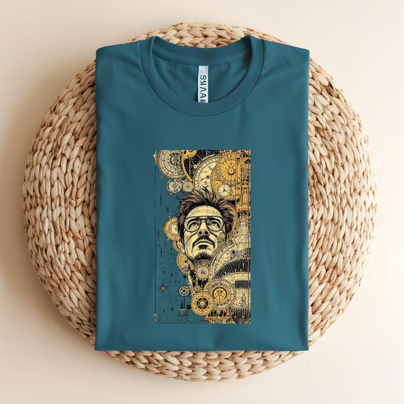 Pode incluir: Camiseta azul-petr&oacute;leo com uma estampa gr&aacute;fica de um homem com &oacute;culos, em um fundo de engrenagens e elementos mec&acirc;nicos. O design usa tons de ouro e marrom, criando uma est&eacute;tica steampunk. A camiseta est&aacute; dobrada em uma superf&iacute;cie tecida.