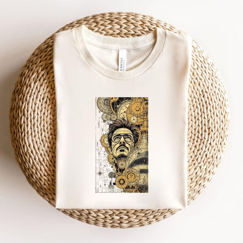 Pode incluir: Camiseta creme com uma ilustra&ccedil;&atilde;o detalhada de um homem com &oacute;culos, integrada com mecanismos de rel&oacute;gios e engrenagens. O design &eacute; em tons de ouro, preto e branco. A camiseta &eacute; feita de um material macio.