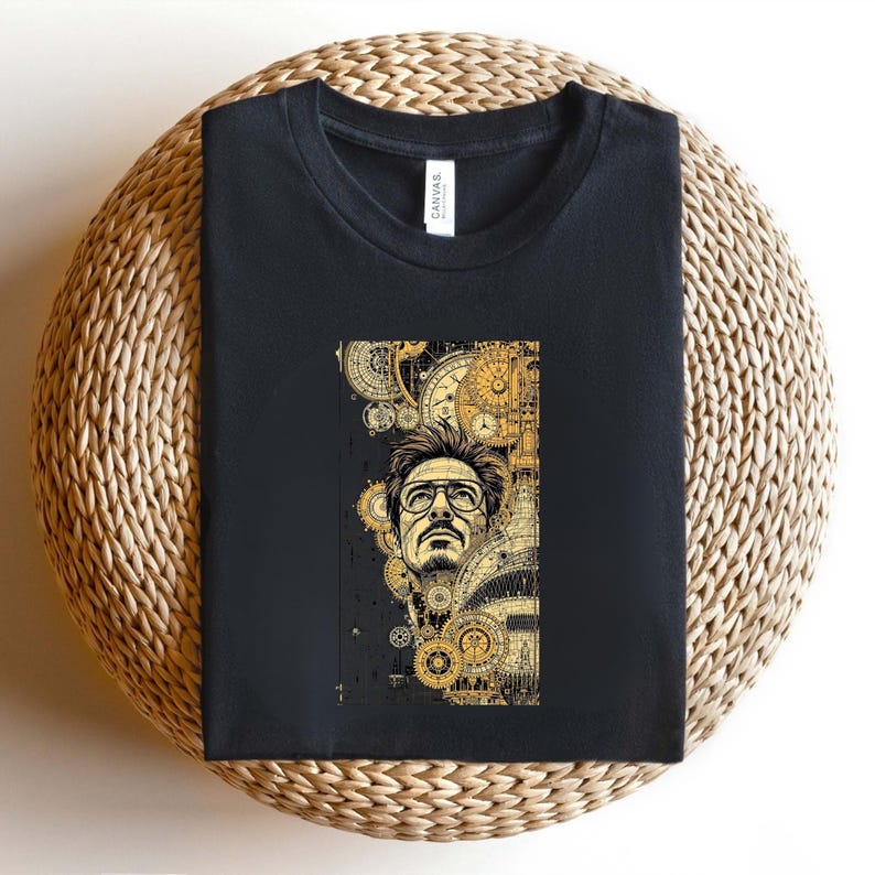 Pode incluir: T-shirt preto com um gr&aacute;fico dourado e bege do rosto de um homem, integrado com engrenagens e elementos de relojoaria. O design &eacute; uma ilustra&ccedil;&atilde;o detalhada, centrada na camiseta.