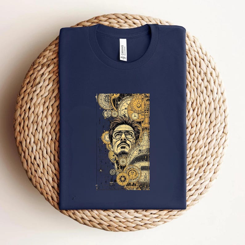 Pode incluir: Camiseta azul marinho com uma ilustra&ccedil;&atilde;o dourada e preta de um homem com &oacute;culos, rodeado por engrenagens e elementos de relojoaria. A camiseta est&aacute; dobrada sobre uma superf&iacute;cie tecida.