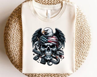 Patriotic Skull Shirt, American Eagle T-Shirt, Biker Skull Graphic Tee, US Flag Bandana Top, Edgy Gun and Snake Wear, Badass Veteran Gift