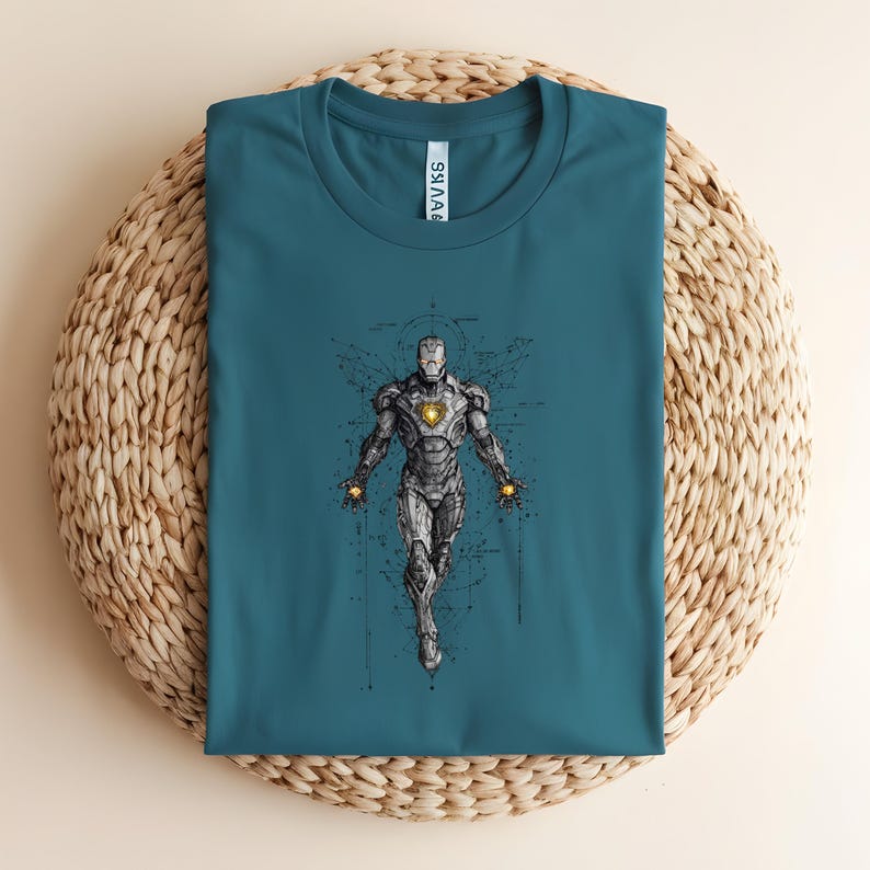 Op de afbeelding: Petrolkleurig T-shirt met een gedetailleerde illustratie van Iron Man. Het kunstwerk toont het pantser van het personage met ingewikkelde lijnen en een gloeiende boogreactor. Het shirt is gemaakt van zacht materiaal en is ideaal voor fans van de superheld.