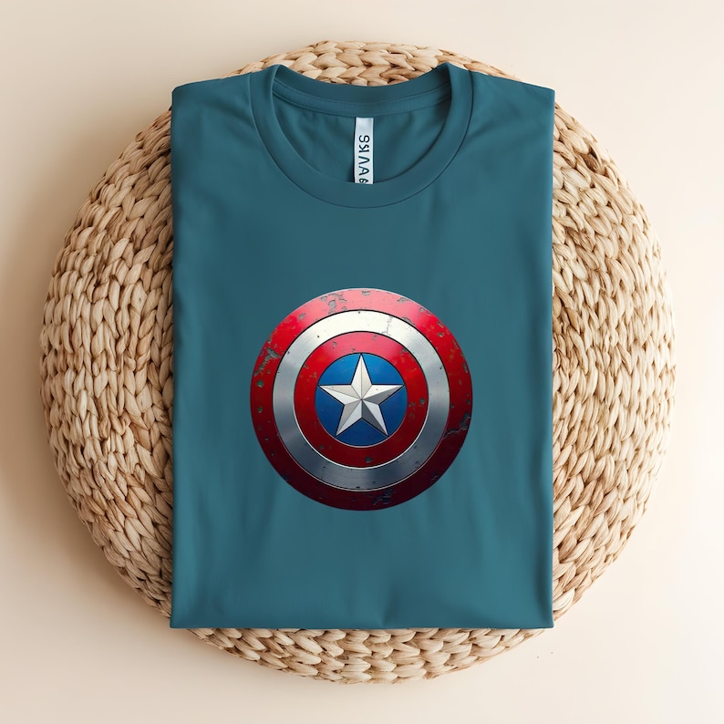 May include: A teal short-sleeved t-shirt featuring a graphic of a circular shield with a red outer ring, a silver middle ring, a blue inner circle, and a white five-pointed star in the centre. The shield design has a distressed, weathered texture.