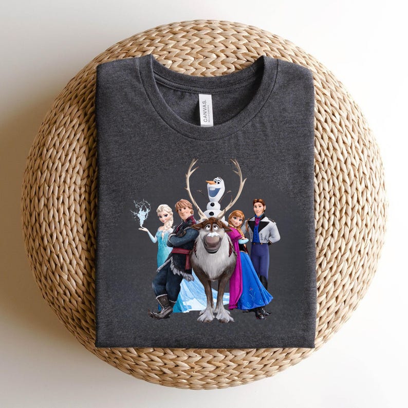 Op de afbeelding: Donkergrijs t-shirt met een afbeelding van personages uit de animatiefilm Frozen. Het ontwerp bevat Elsa, Anna, Kristoff, Olaf en Sven. Het shirt wordt gepresenteerd op een geweven, cirkelvormig oppervlak.