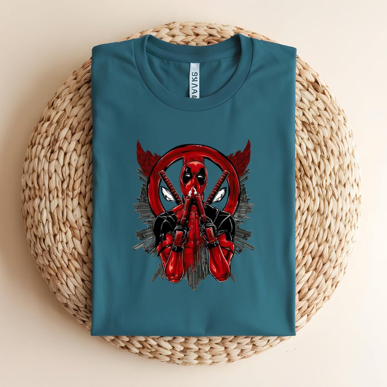 K&ouml;nnte beinhalten: T&uuml;rkisfarbenes T-Shirt mit einem Deadpool-Motiv. Das Design zeigt Deadpool in einem rot-schwarzen Anzug, der zwei Katanas h&auml;lt, vor einem roten Kreis mit Fl&uuml;geln und einer Stadtlandschaft. Das T-Shirt ist auf einer gewebten, kreisf&ouml;rmigen Oberfl&auml;che gefaltet.