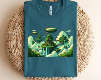Steampunk Airship Shirt, Floating Island Fantasy Tee, Nature Aesthetic Graphic T-Shirt, Whimsical Sky World Top, Anime Style Art, Zeppelins