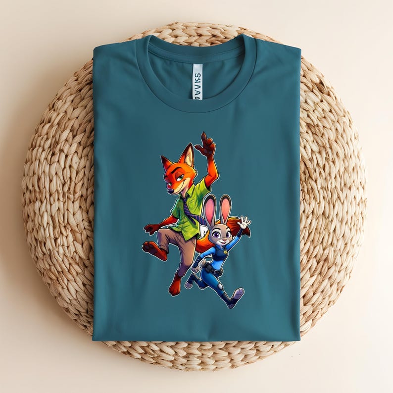 Puede incluir: Una camiseta de manga corta color verde azulado con un estampado gr&aacute;fico de un zorro de dibujos animados con camisa verde y corbata morada, junto a un conejo de dibujos animados con uniforme azul, ambos en una pose din&aacute;mica de salto.