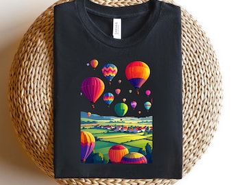 Hot Air Balloon Shirt, Colorful Balloon Festival Tee, Vibrant Graphic T-Shirt, Adventure Aesthetic Top, Whimsical Landscape Art, Gift Pilot