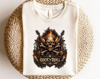 Rock N Roll Shirt, Heavy Metal T-Shirt, Burning Skull Graphic Tee, Hard Rock Guitarist Top, Gothic Biker Clothing, Music Festival Gift