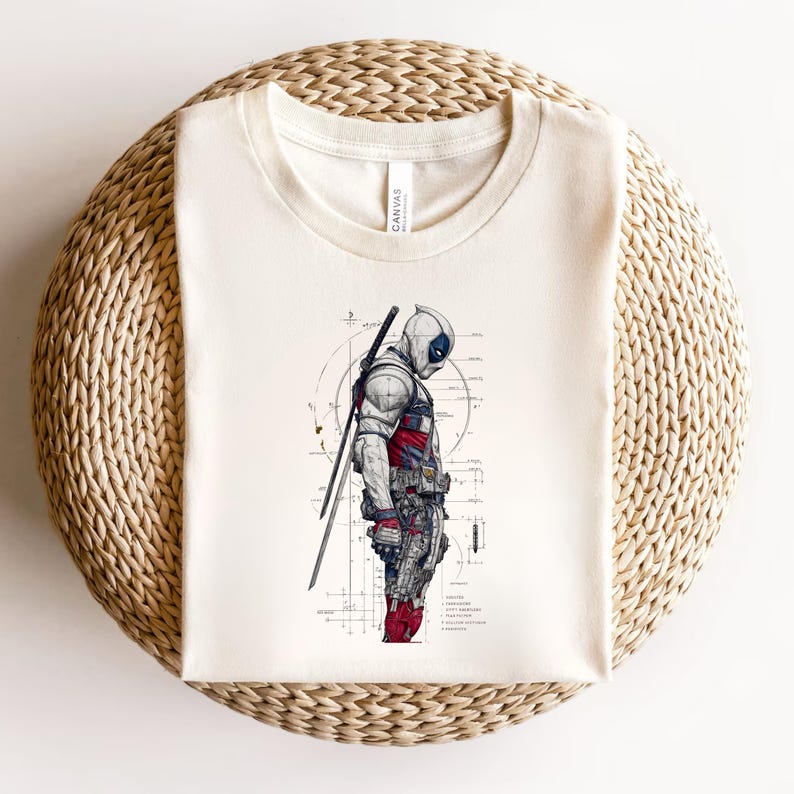 Puede incluir: Una camiseta de cuello redondo color crema con una ilustraci&oacute;n gr&aacute;fica de un personaje enmascarado con un traje blanco, rojo y azul con una espada en la espalda. El dise&ntilde;o incluye l&iacute;neas de plano t&eacute;cnico, c&iacute;rculos y peque&ntilde;as anotaciones.
