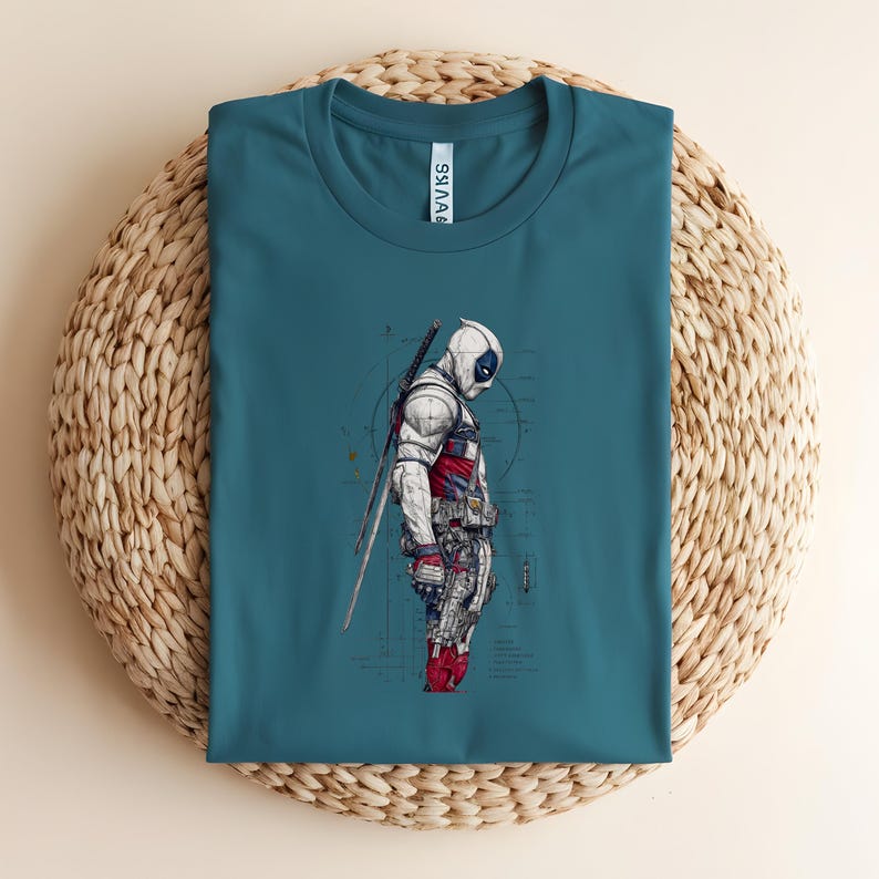 Puede incluir: Una camiseta de cuello redondo color verde azulado con una ilustraci&oacute;n gr&aacute;fica de un personaje con traje t&aacute;ctico blanco, rojo y azul, m&aacute;scara y espadas en la espalda. El dise&ntilde;o incluye dibujos t&eacute;cnicos de l&iacute;neas y texto en el fondo.