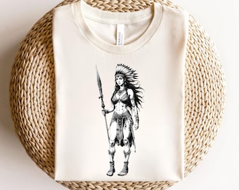 Native American Shirt, Indigenous Woman T-Shirt, Tribal Warrior Graphic Tee, Female Chief Headdress Top, Line Art Western Gothic Clothing