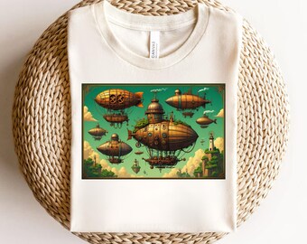 Steampunk Airship Shirt, Victorian Sci-Fi Tee, Vintage Zeppelin Graphic T-Shirt, Retro Aviation Art Top, Mechanical Flight Gift, Industrial