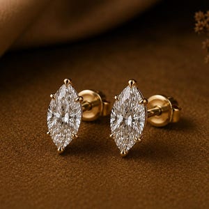 Marquise Cut Moissanite Stud Earrings, 14K Gold, 6-Prong Setting, Lab Diamond Alternative image 2
