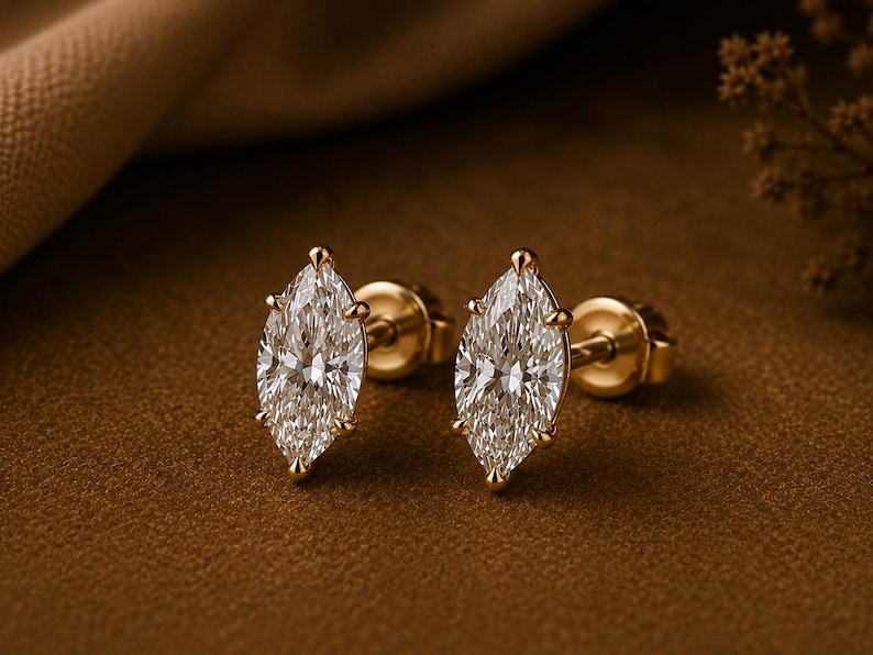 Marquise Cut Moissanite Stud Earrings, 14K Gold, 6-Prong Setting, Lab Diamond Alternative image 2