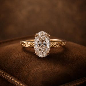 Vintage Oval Moissanite Engagement Ring 14K Gold, Unique Art Deco Filigree Solitaire Ring, Hand Carved Scrollwork Anniversary Ring For Her