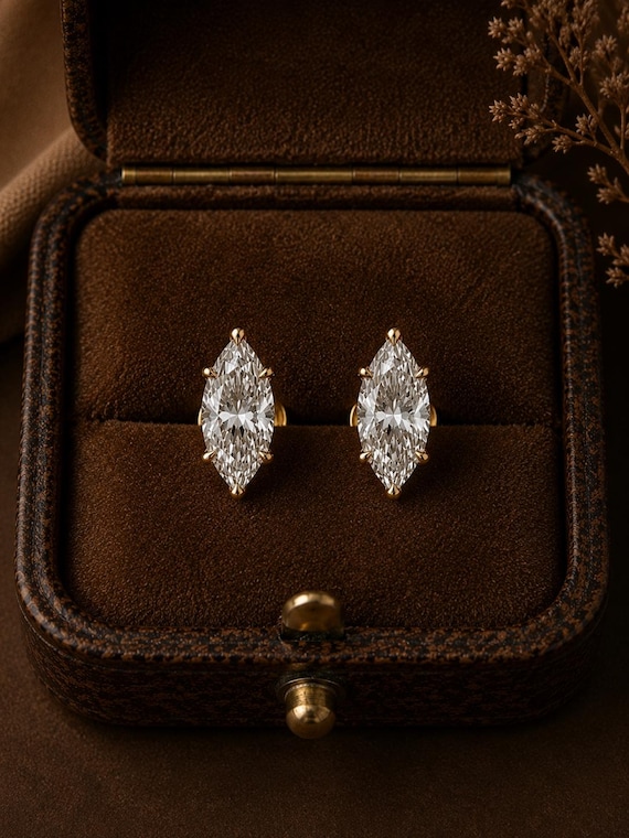 Marquise Cut Moissanite Earrings 14K Gold, Unique 6-Prong Everyday Studs, Lab Diamond Alternative Fine Jewelry, Gift for Her, Luxury Studs