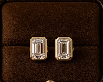 Emerald Cut Moissanite Stud Earrings, 14K Gold Solitaire, D Color VVS1, Minimalist Wedding Jewelry